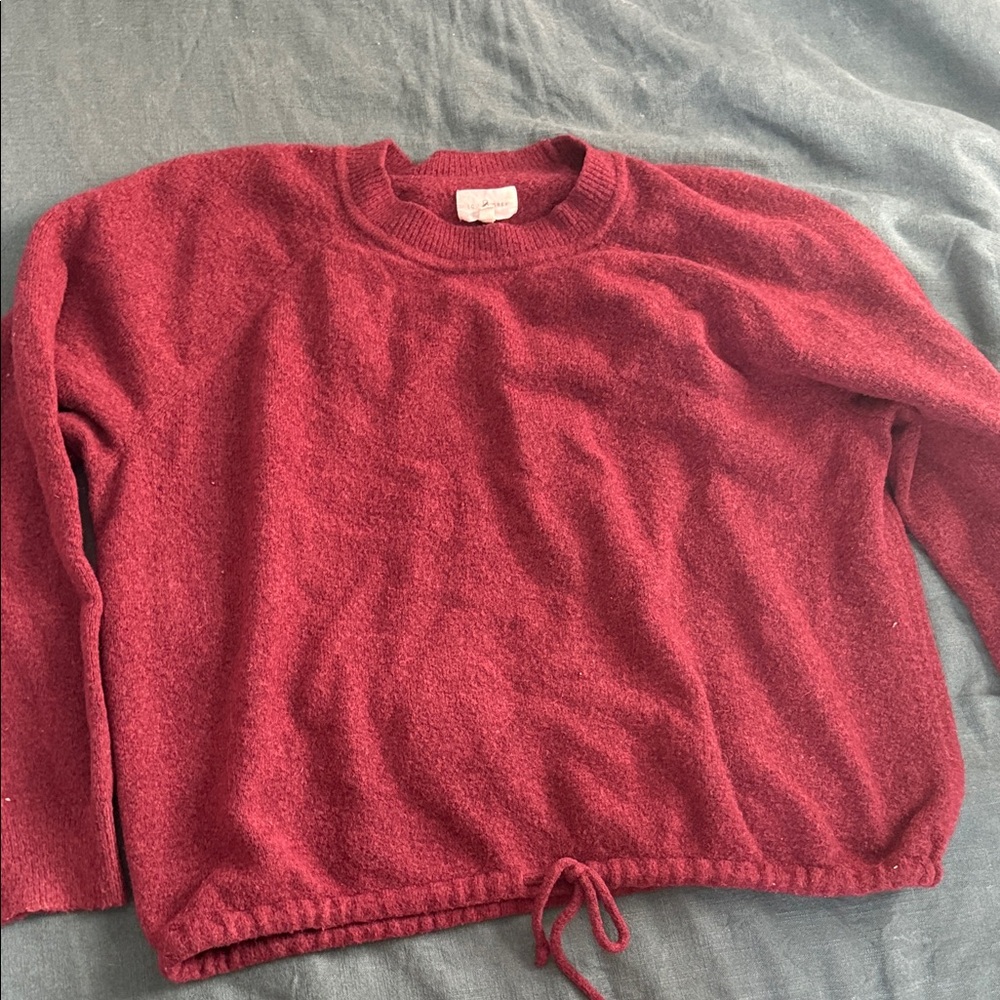 Cozy Red Crewneck Sweater with Adjustable Drawstring Hem